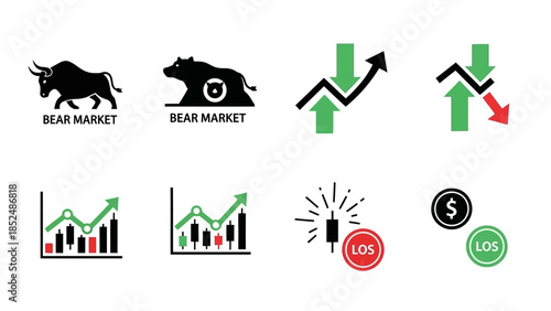 Financial market icon set featuring bull market icon, bear market icon, upward trend arrow, downward trend arrow, stock chart, profit and loss symbols