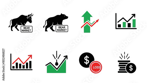 Financial market icon set featuring bull market icon, bear market icon, upward trend arrow, downward trend arrow, stock chart, profit and loss symbols