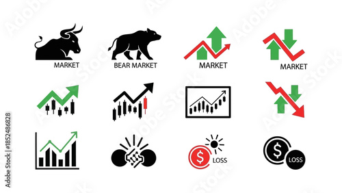 Financial market icon set featuring bull market icon, bear market icon, upward trend arrow, downward trend arrow, stock chart, profit and loss symbols