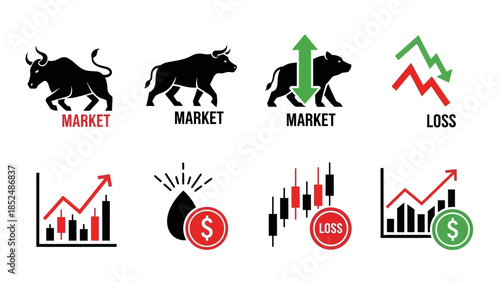 Financial market icon set featuring bull market icon, bear market icon, upward trend arrow, downward trend arrow, stock chart, profit and loss symbols