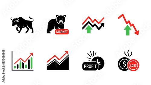 Financial market icon set featuring bull market icon, bear market icon, upward trend arrow, downward trend arrow, stock chart, profit and loss symbols