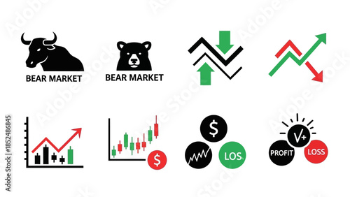 Financial market icon set featuring bull market icon, bear market icon, upward trend arrow, downward trend arrow, stock chart, profit and loss symbols