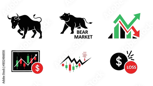 Financial market icon set featuring bull market icon, bear market icon, upward trend arrow, downward trend arrow, stock chart, profit and loss symbols