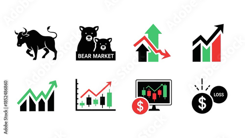 Financial market icon set featuring bull market icon, bear market icon, upward trend arrow, downward trend arrow, stock chart, profit and loss symbols
