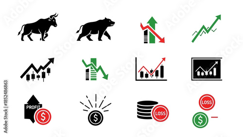 Financial market icon set featuring bull market icon, bear market icon, upward trend arrow, downward trend arrow, stock chart, profit and loss symbols