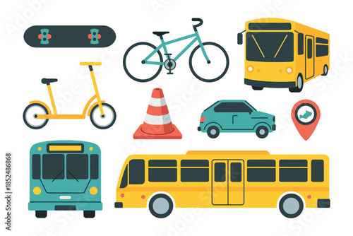 A collection of various transportation vehicles and a traffic cone.