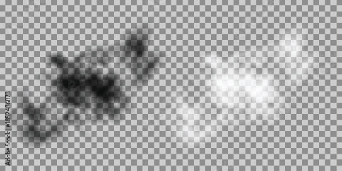 Set of realistic smoke and fog effects transparent PNG overlays for design isolated on checkered background EPS vector