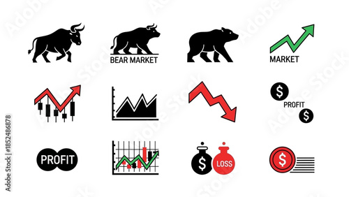 Financial market icon set featuring bull market icon, bear market icon, upward trend arrow, downward trend arrow, stock chart, profit and loss symbols