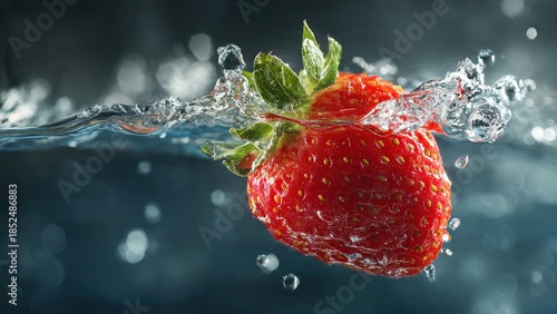 Fresh strawberry splashing into clear water creating ripples and droplets around it