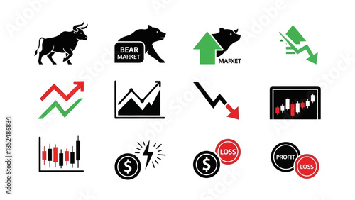 Financial market icon set featuring bull market icon, bear market icon, upward trend arrow, downward trend arrow, stock chart, profit and loss symbols