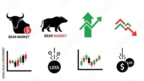 Financial market icon set featuring bull market icon, bear market icon, upward trend arrow, downward trend arrow, stock chart, profit and loss symbols