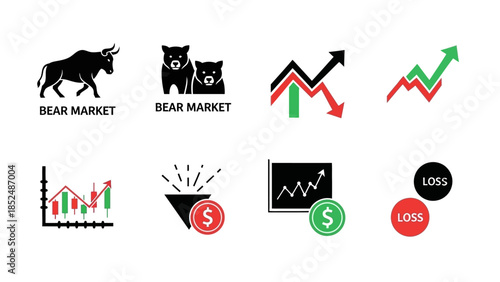 Financial market icon set featuring bull market icon, bear market icon, upward trend arrow, downward trend arrow, stock chart, profit and loss symbols