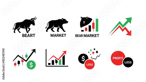 Financial market icon set featuring bull market icon, bear market icon, upward trend arrow, downward trend arrow, stock chart, profit and loss symbols