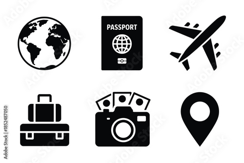 A collection of travel-related icons including a globe, passport, airplane, luggage, camera, and location pin.