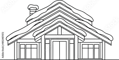 Snow covered cabin line art, winter house outline, architectural drawing of cozy chalet for holidays and christmas
