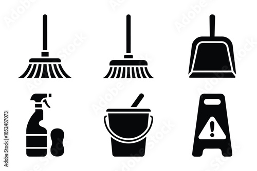 A collection of cleaning supplies is depicted on a white background.