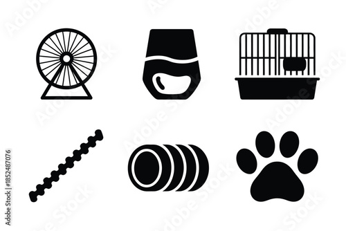 Collection of common hamster cage accessories and items for pet care.