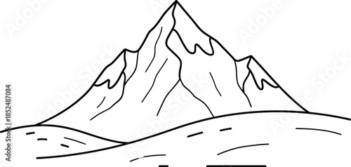 Simple line art drawing of a tall mountain peak with snowy outlines and rolling hills below