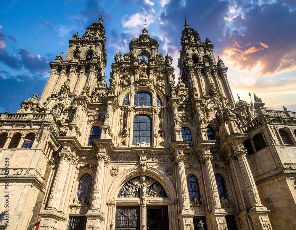 Obraz premium Ornate stone facade of large cathedral beneath a colorful sunset