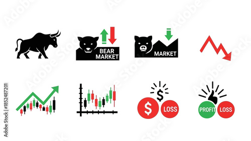 Financial market icon set featuring bull market icon, bear market icon, upward trend arrow, downward trend arrow, stock chart, profit and loss symbols