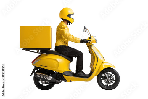 Male courier in yellow uniform and helmet riding scooter with delivery box on transparent background
