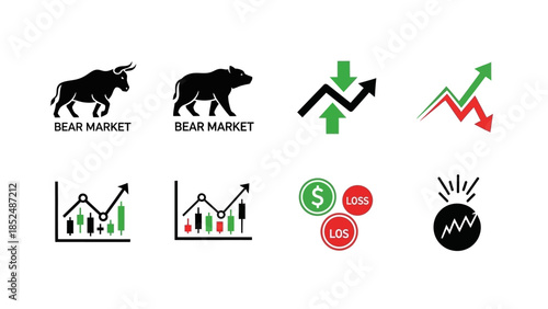 Financial market icon set featuring bull market icon, bear market icon, upward trend arrow, downward trend arrow, stock chart, profit and loss symbols