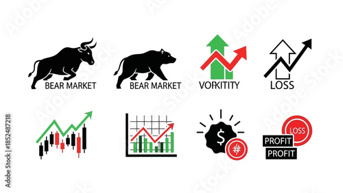 Financial market icon set featuring bull market icon, bear market icon, upward trend arrow, downward trend arrow, stock chart, profit and loss symbols