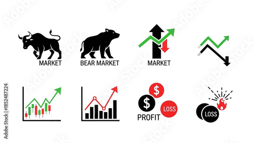 Minimal flat vector icon set representing bull and bear market trends