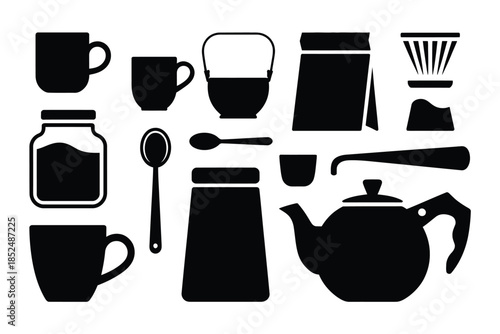 A collection of coffee and tea preparation accessories is displayed.