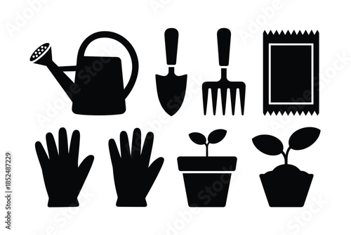 Gardening tools and supplies are depicted in a silhouette illustration.