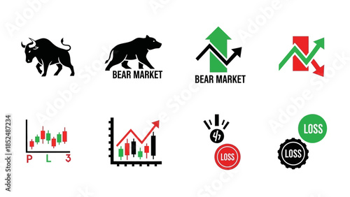 Financial market icon set featuring bull market icon, bear market icon, upward trend arrow, downward trend arrow, stock chart, profit and loss symbols