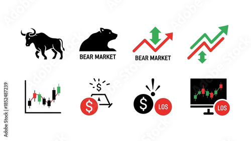 Financial market icon set featuring bull market icon, bear market icon, upward trend arrow, downward trend arrow, stock chart, profit and loss symbols