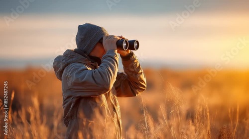 An individual enjoys birdwatching or wildlife observation at dawn, surrounded by nature and illuminated by soft sunlight. The peaceful outdoor scene highlights adventure and exploration