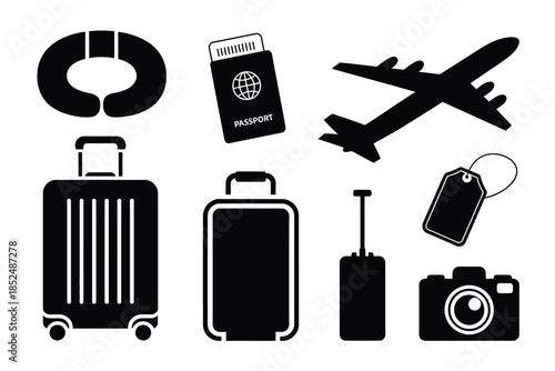 Travel icons including airplane, luggage, passport, and camera are depicted.