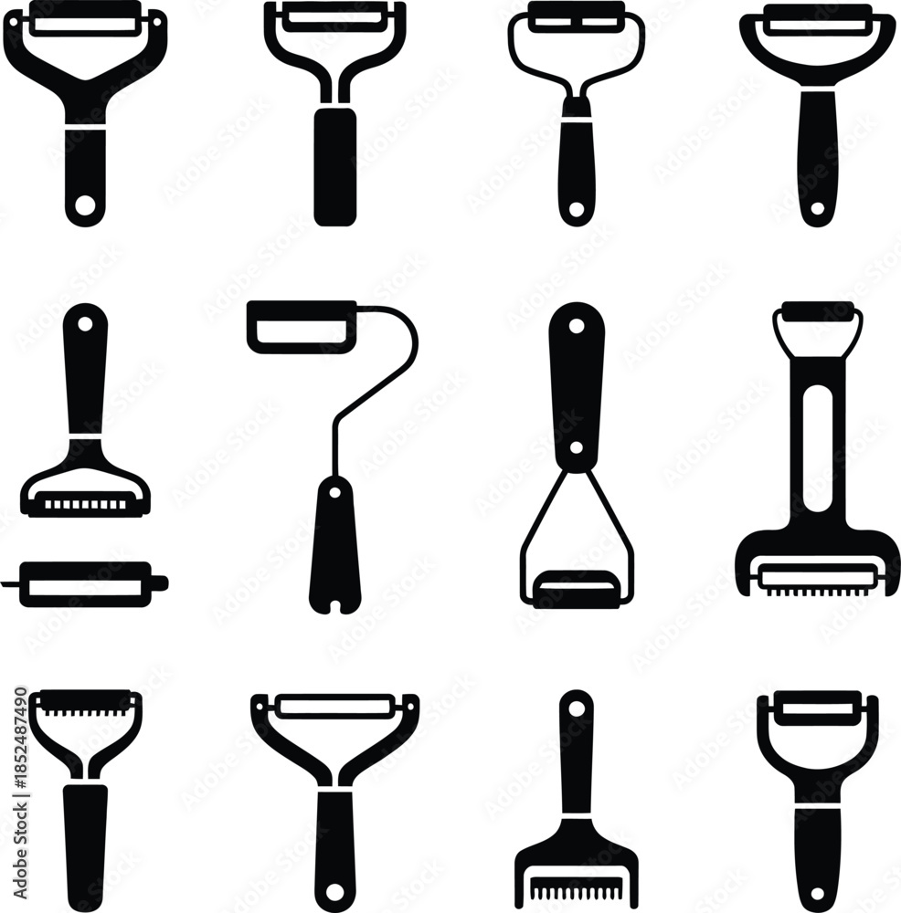 Fototapeta premium A diverse collection of black silhouette icons depicting various kitchen peeling, slicing, and grating tools