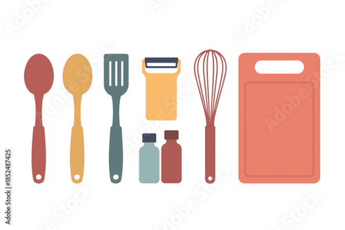 Various kitchen utensils and tools are arranged in a flat design.