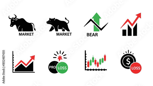 Financial market icon set featuring bull market icon, bear market icon, upward trend arrow, downward trend arrow, stock chart, profit and loss symbols