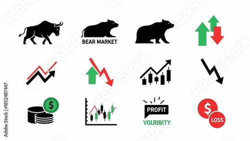 Financial market icon set featuring bull market icon, bear market icon, upward trend arrow, downward trend arrow, stock chart, profit and loss symbols