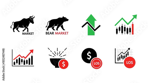 Financial market icon set featuring bull market icon, bear market icon, upward trend arrow, downward trend arrow, stock chart, profit and loss symbols