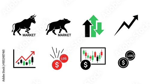 Financial market icon set featuring bull market icon, bear market icon, upward trend arrow, downward trend arrow, stock chart, profit and loss symbols
