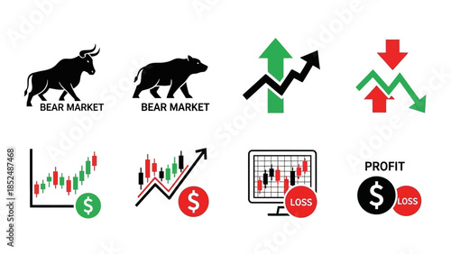 Financial market icon set featuring bull market icon, bear market icon, upward trend arrow, downward trend arrow, stock chart, profit and loss symbols