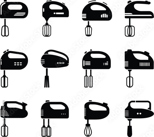 Collection of various hand mixer icons depicting different designs for kitchen appliances