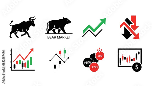 Financial market icon set featuring bull market icon, bear market icon, upward trend arrow, downward trend arrow, stock chart, profit and loss symbols