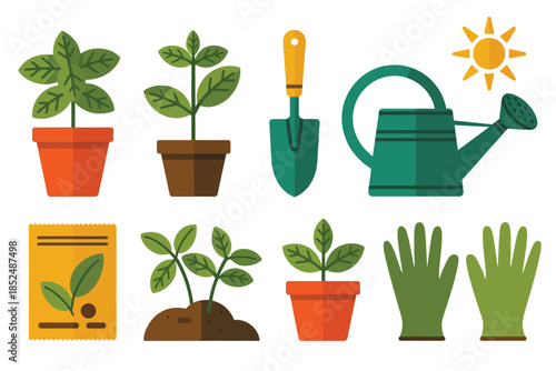 Gardening tools and plants are arranged for a healthy growth concept.