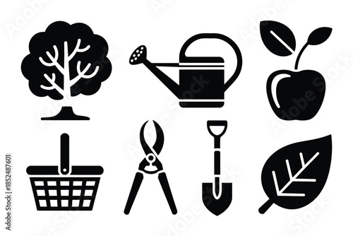 Garden icons represent a tree, watering can, apple, basket, pruning shears, spade, and leaf.