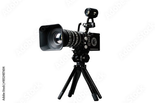 Professional film video camera on tripod with transparent background