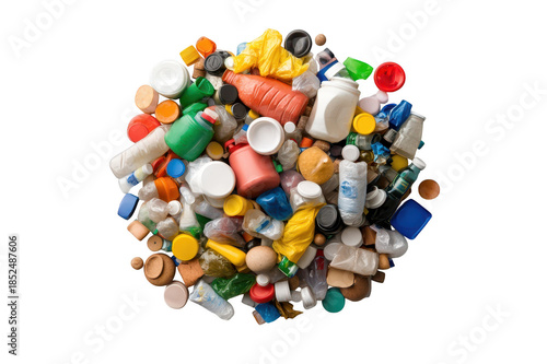 Waste plastic items and garbage including bottles, caps, and containers creating a large pile on a transparent background