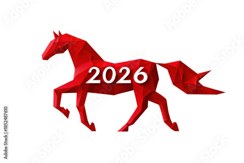 Red geometric paper horse with the inscription 