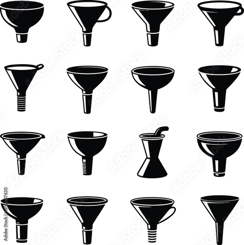 A comprehensive collection of diverse funnel designs in black silhouette on white background