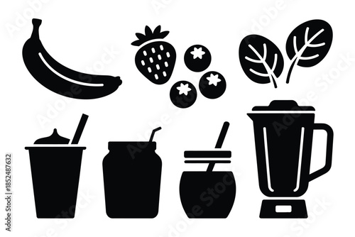 Ingredients and tools for making a healthy smoothie are displayed.